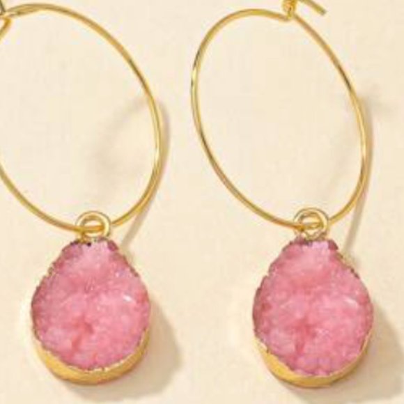 ⭐️❤️FREE Stone Pink Hoop Drop Charm Hipster Hippie Artsy Chic Glam Hip Earrings - Picture 2 of 8